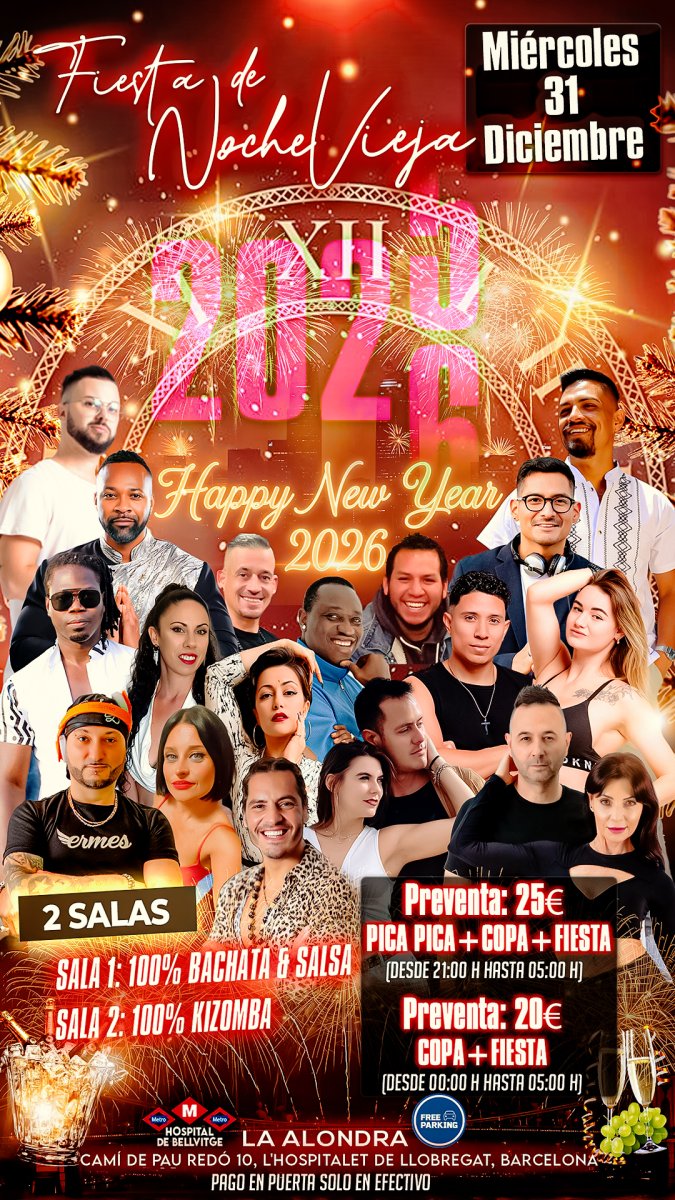 Nochevieja 1 sala salsa bachata 1 sala kizomba (Barcelona) 2025